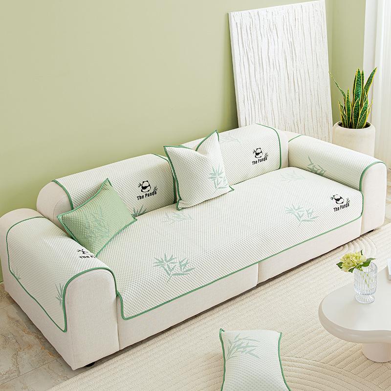 Simple Embroidered Panda Ice Silk Sofa Cushion Summer Cool Bean Seat Cushion Non-Slip Sofa Cover Towel Genuine Leather Sofa