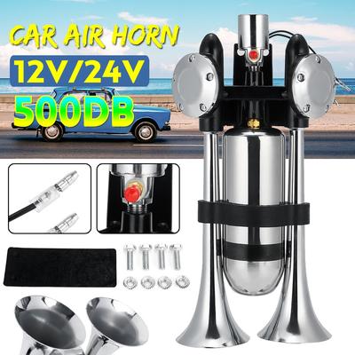 12V/24V 500DB Dual Trumpet Electric Horn Loud Chrome Air Horn Speaker Kit With Air Compressor For Train Truck Lorry