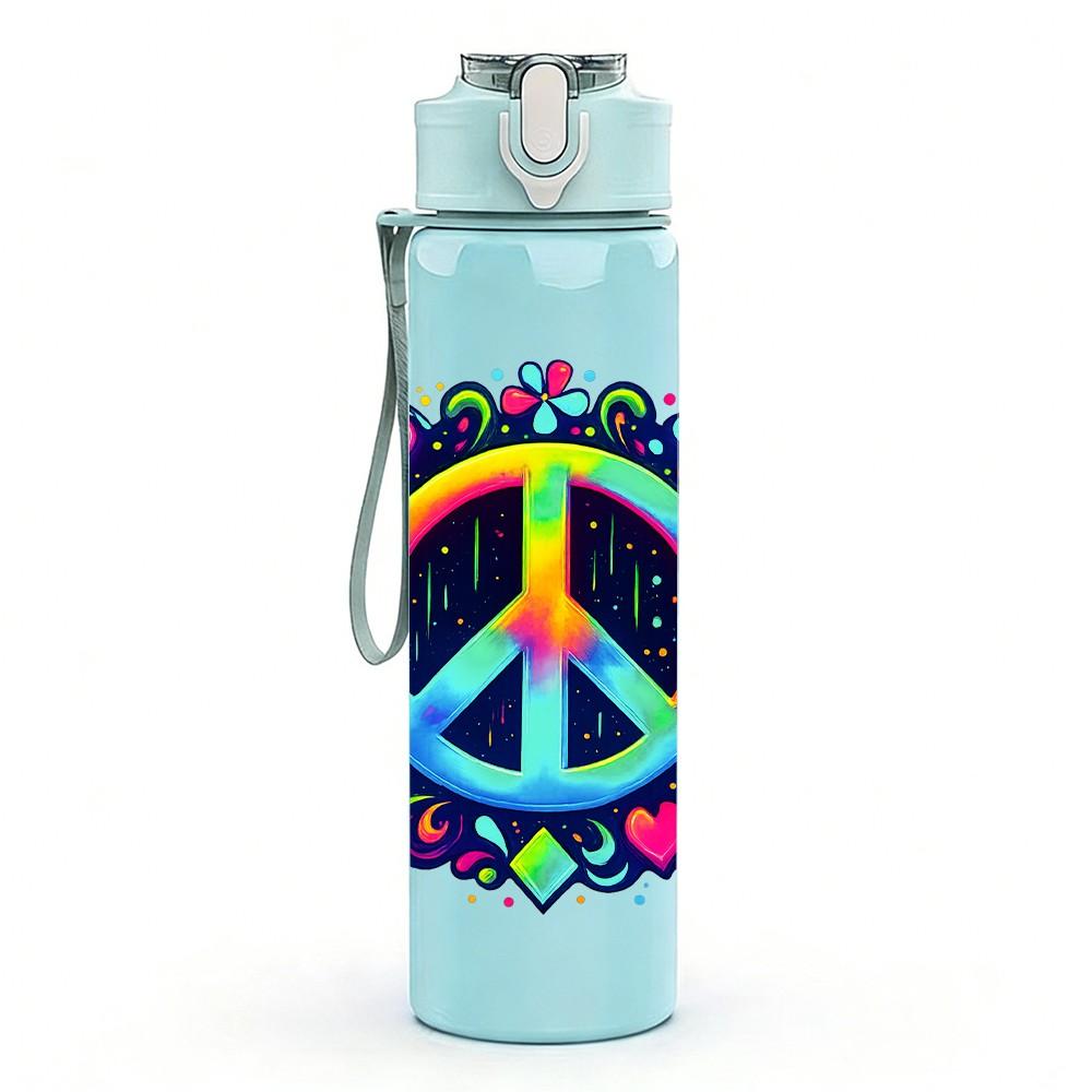 1PC Colorful Peace Sign Flower Wreath 750ml Color Plastic Sports Water Bottle Leakproof Flip Straw Lid Suitable for Sports Office Home Use