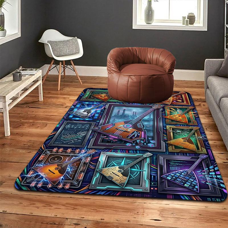 Cyberpunk Musical Instruments Pattern Rug Floor Mat for Living Room or Bedroom Soft and Comfortable Carpet a Gift for Birthday and Holiday.