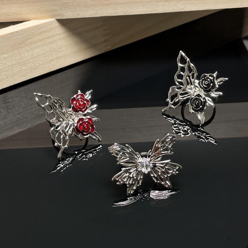 Niche Design Enamel Dripping Rose Open Ring Liquid Butterfly Sweet Cool Hollow Personalized Ring