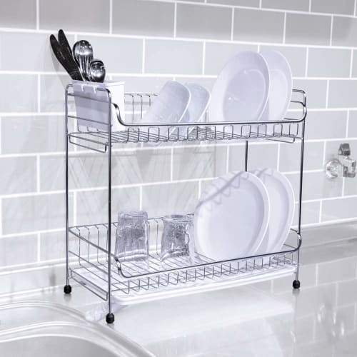 Iris Plaza Tension Mount Dish Drainer, Over-the-Sink Basket, Stainless Steel, 2-Tier, Slim Size, White, Space-Saving, Tension Mount Dish Drainer (SSDD