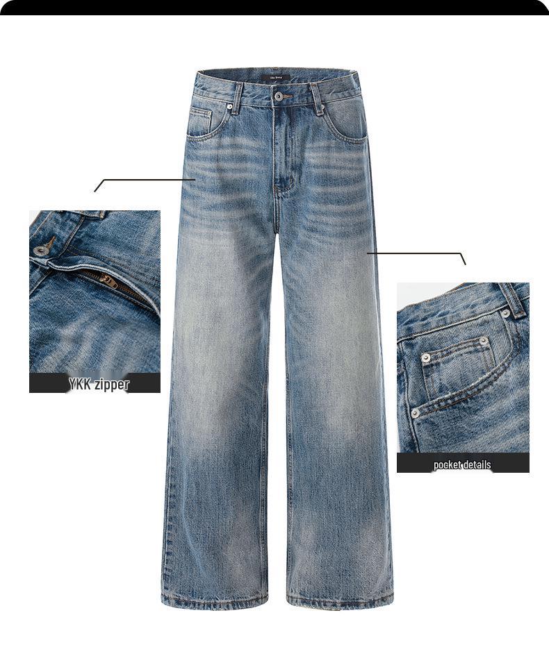 Yongfang Unisex Retro Distressed Blue Jeans - Loose Wide-Leg, Bamboo Grain Casual Style