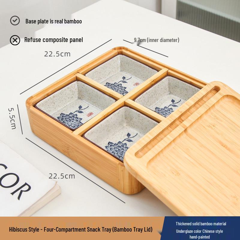 Japanese Bamboo & Wood Snack Box - 4-Compartment Plate for Pastries, Nuts, Seeds, & Dried Fruit