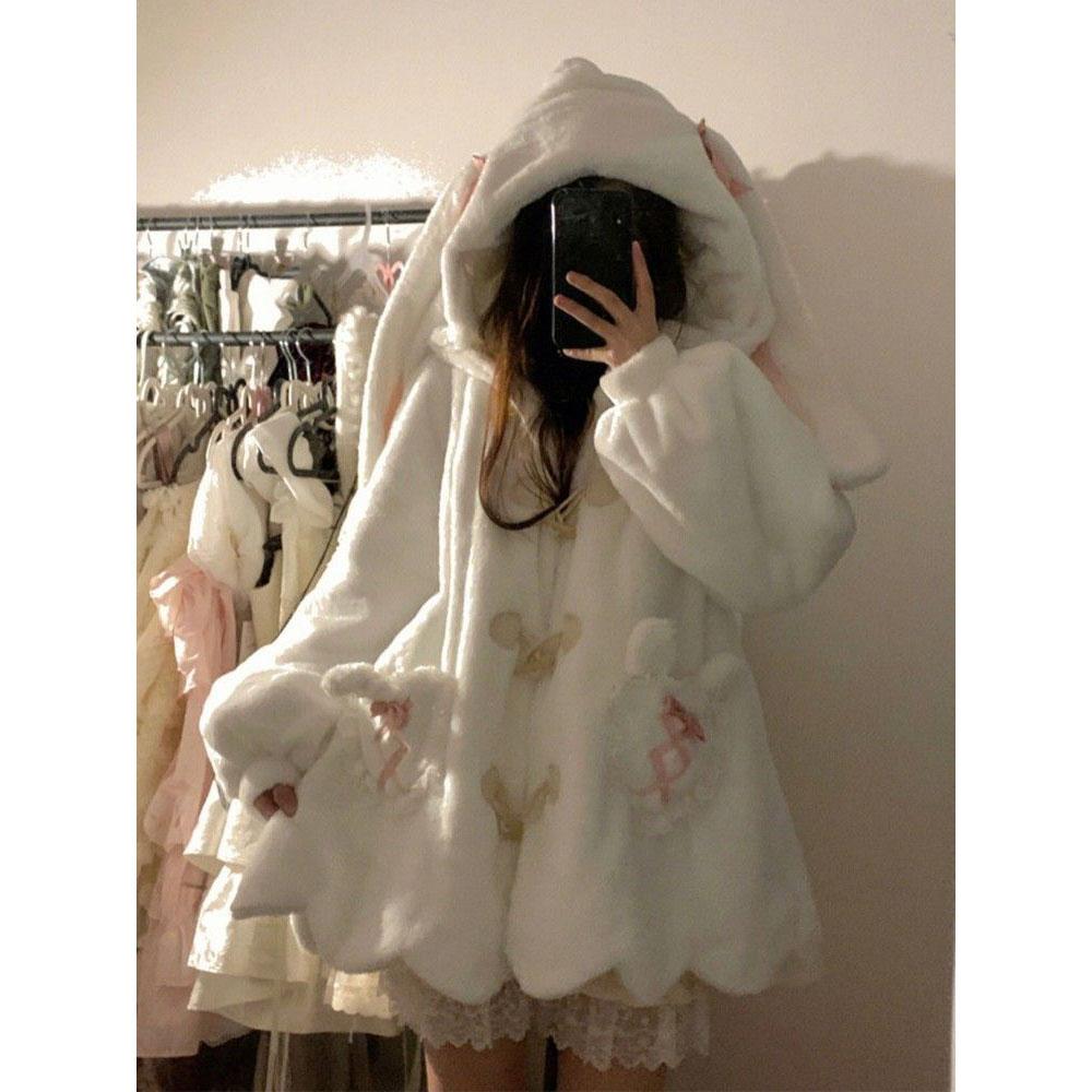 Roupas de inverno Casacos fofos Mulheres Orelhas de coelho Com capuz Lã de cordeiro Outwear Grandes e grossos Moda Kawaii Casacos