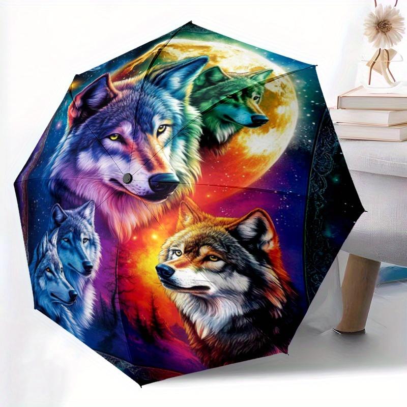 Wolf Pattern New Automatic Folding Umbrella, Portable Travel Umbrella for Men and Women, Halloween & Christmas Birthday Gift M
