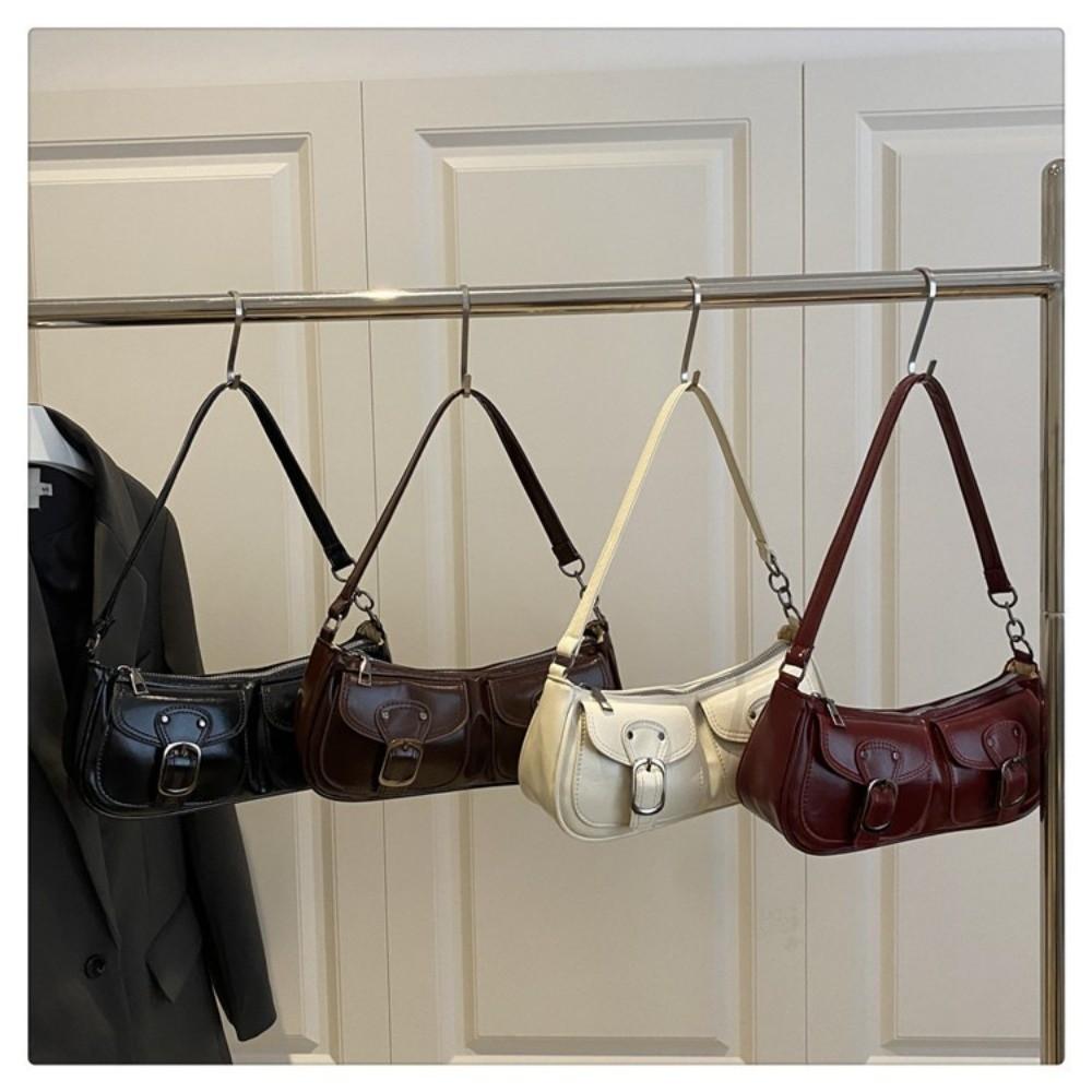 Vintage Women's Armpit Bag Double Pockets Zipper Handbag Fashion Pu Leather Shoulder Bag  Commuting