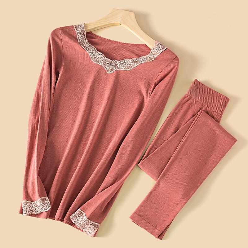 Women's V-Neck Lace Thermal Underwear Set - German Velvet & Sheep Wool, Slim Fit, Autumn/Winter Collection
