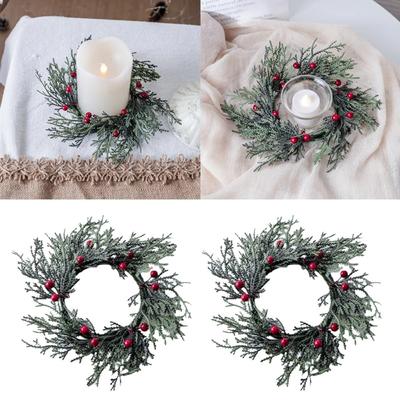 20cm Christmas Candlestick Wreath Handmade Elegant Simulation Pine Branch DIY Red Berry Candle Wreaths Home Table Party Decor
