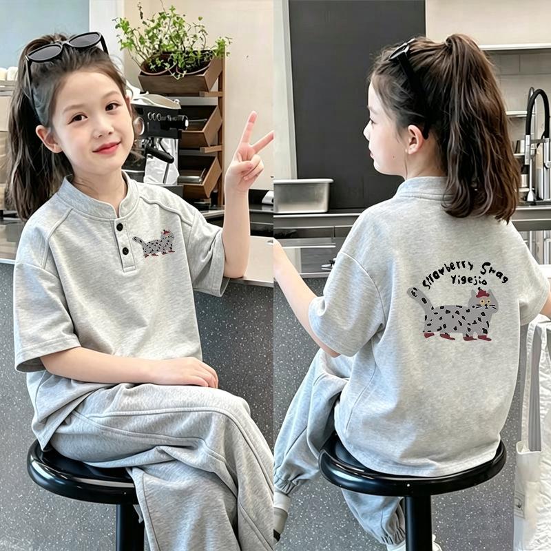 Korean Style Girls' Cartoon Stand-up Collar Short-Sleeve Polo T-shirt - 2026 Summer Trend for Kids in Pure Cotton
