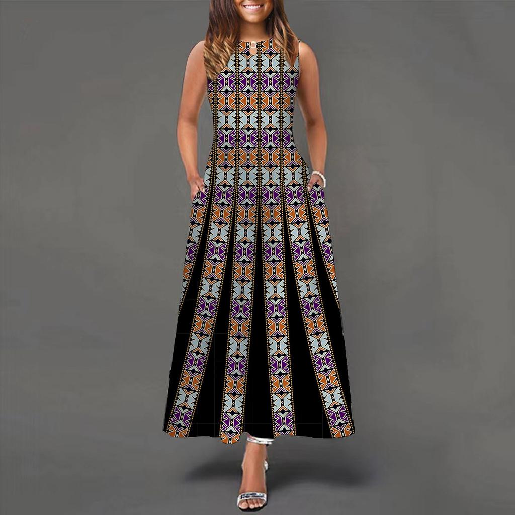Women's Casual Printing Big Hem Dresswave Round Neck Sleeveless Long Dress