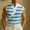 INCERUN Summer Men Stand Collar Sleeveless Striped Print Casual Tank Tops