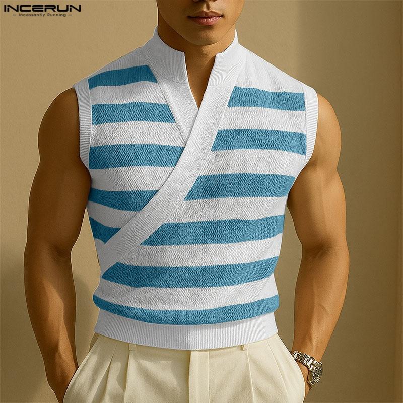 INCERUN Summer Men Stand Collar Sleeveless Striped Print Casual Tank Tops