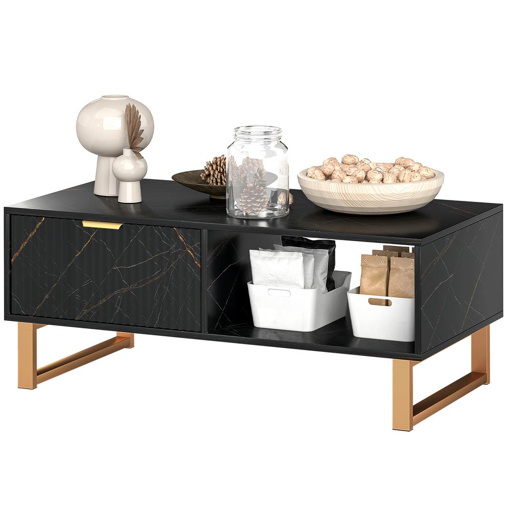 Elegant Marble Effect Storage Coffee Table - Black