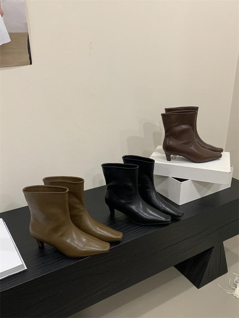 New Korean Version Heel Height 6.5cm~ Minimalist French Square Head Thin Heel Thin Short Ankle Boots Women