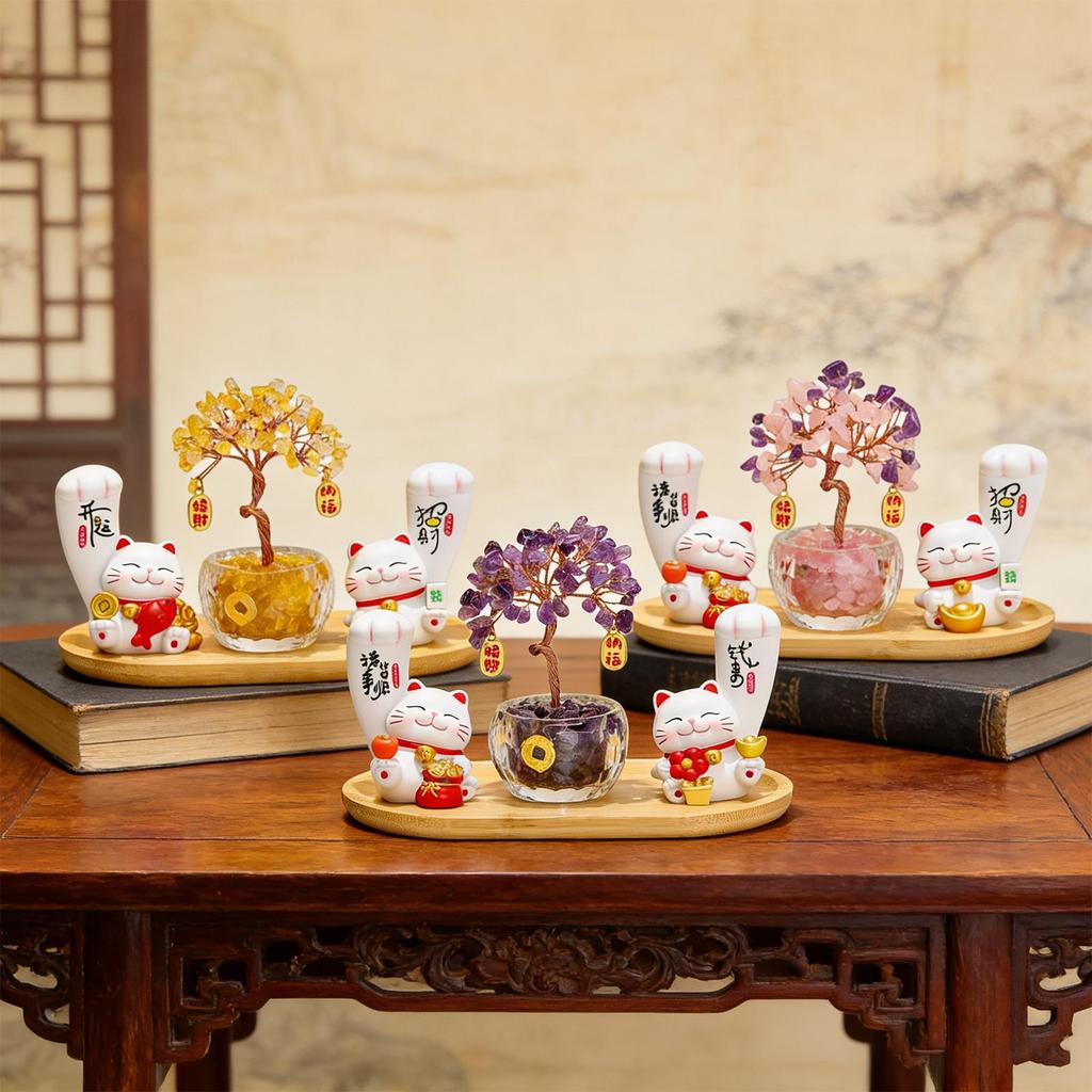 Resin Wood Cat Sculpture Feng Shui Lucky Cat Money Tree Ornament for TV Cabinet Birthday Gift