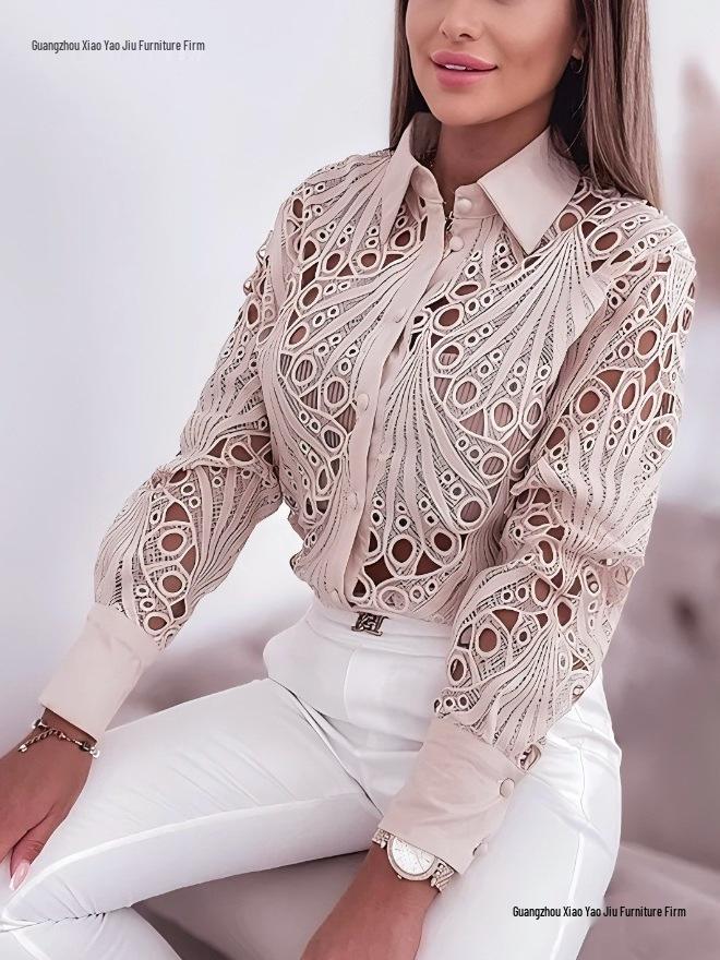 2026 Women's Lace Hollow Long Sleeve Shirt - Versatile Spring/Autumn Fashion