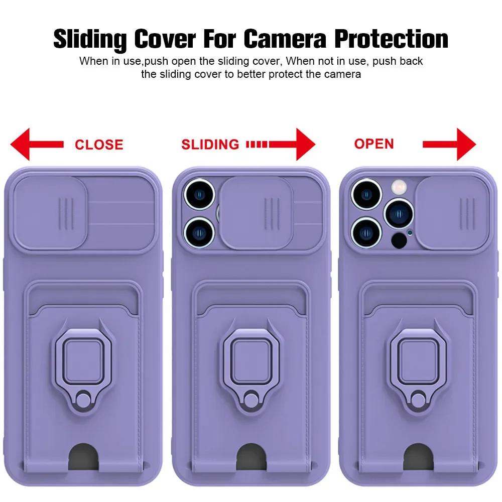 Sliding Camera Protection Case for Iphone 15 Plus 14 13 Pro Max 12 11 Pro Xr Xs Max X Vehicle Magnetic Bracket Card Wallet Shell