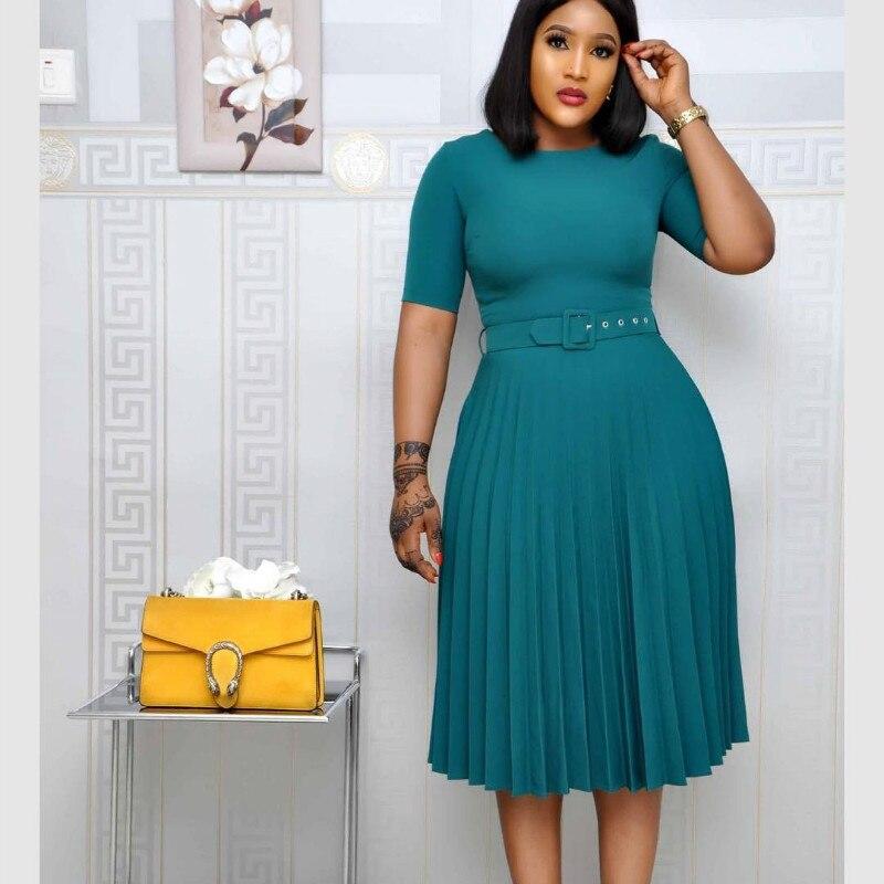 Damen Lässiges Plissee-Kleid Sommer Damen Kurzarm O-Ausschnitt Grüne Midi-Kleider