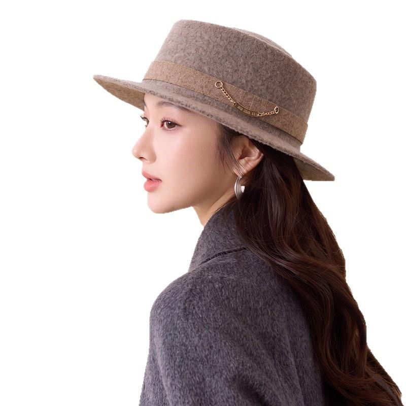 Autumn and winter French flat-brimmed hat retro light luxury simple top hat women's face small wool blended hat temperament thousand gold hat