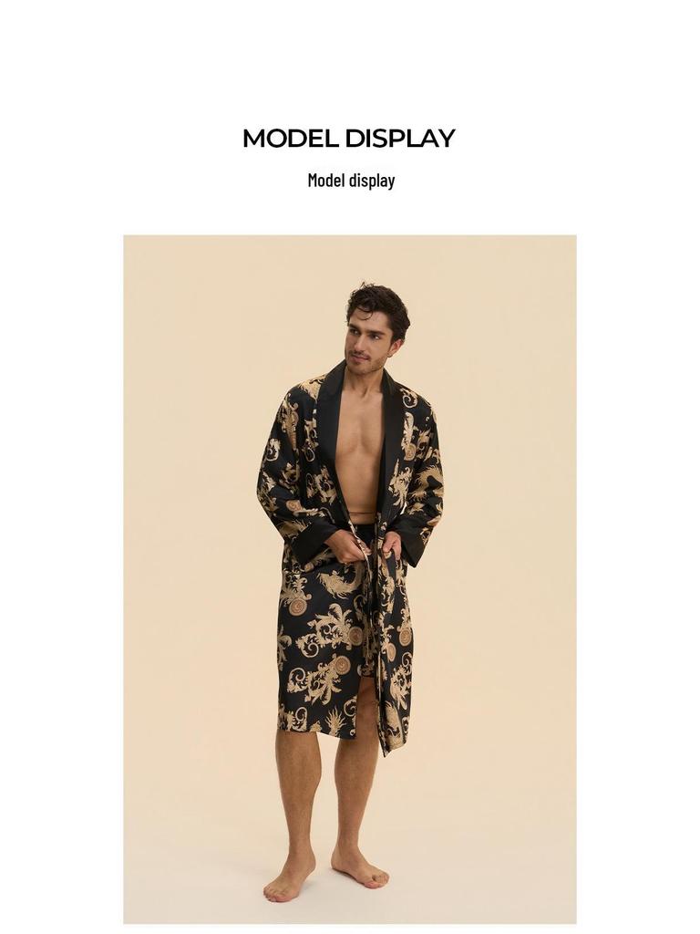 Yaoting Men's Long Sleeve Silk Pajamas and Bathrobe Set, Ice Silk Loungewear