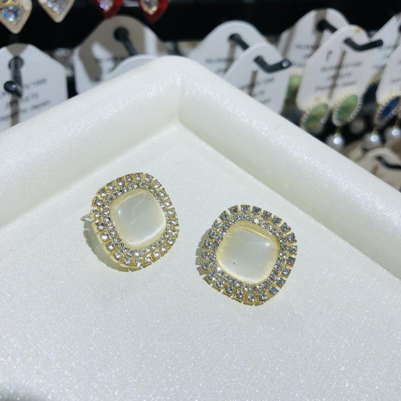 Big Opal Square Crystal Stud Earrings for Women Sweet Punk Simple Rhinestone Geometry Party Jewelry Girl Gift