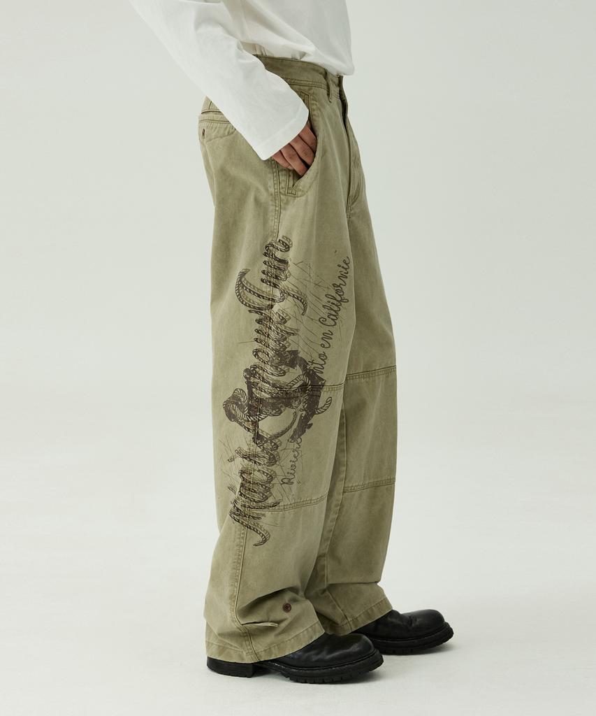MAGOODGAN Farburn 4414 Washed Loop Print Wide Fit Beige Chino Pants
