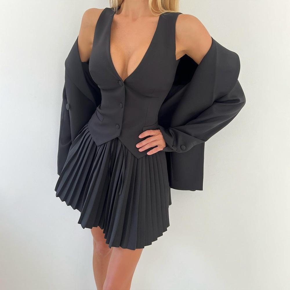 New Summer European and American Temperament Deep V-neck Single-breasted Vest Pleated Mini Skirt Set INS