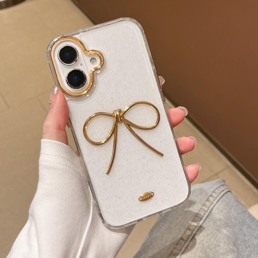 For iPhone 16 Plus Case Gold Bow Epoxy Design TPU + PC Phone Back Cover