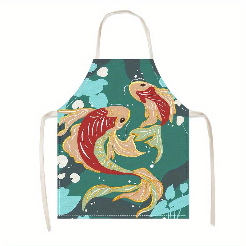 1pc Koi Fish Apron Linen Japanese Style Kitchen Cooking Baking Smock Adult Chef Gift Men Women Oriental Art Design