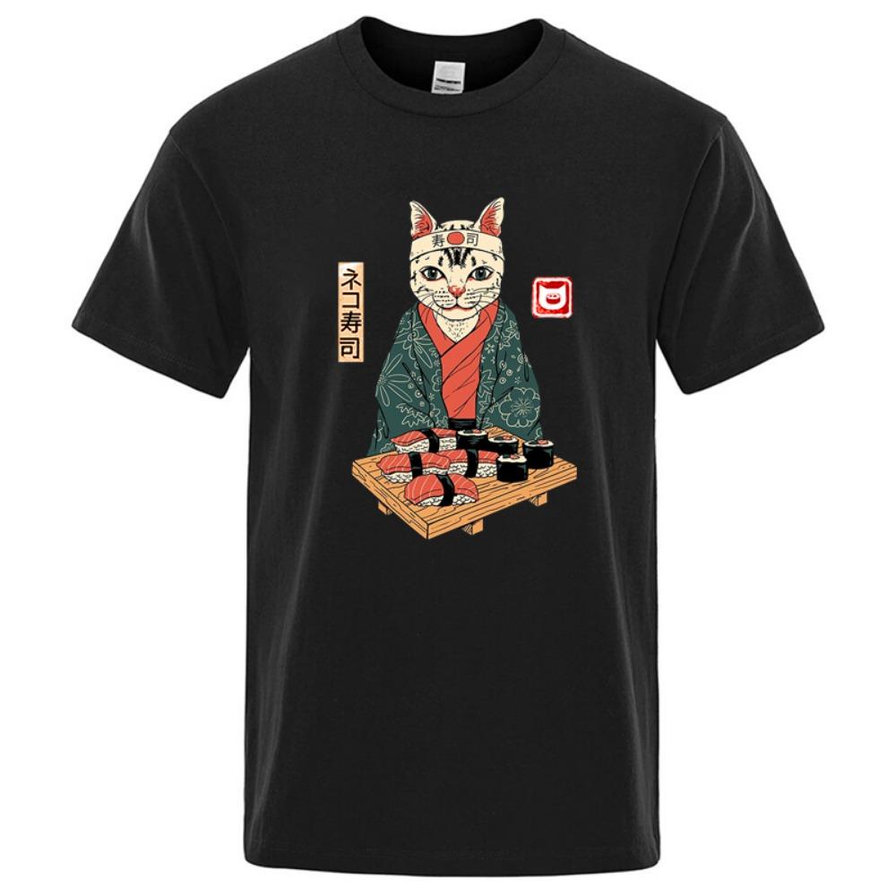 

Men s High-quality Pure Cotton Fun Sushi Cat Print Summer T-shirt Casual Loose Men s Round Neck Men s Top, Comfortable Fabric, Diverse Styles S
