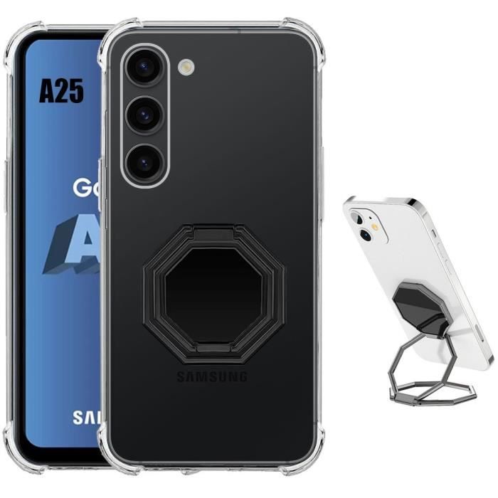 Coque - Samsung - Galaxy A25 5G - Antichoc - Silicone Transparent - Anneau Métal Noir