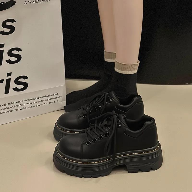 Womens Derby Shoes Autumn British Style Female Footwear Loafers With Fur Round Toe Clogs Platform Casual Sneaker Leather