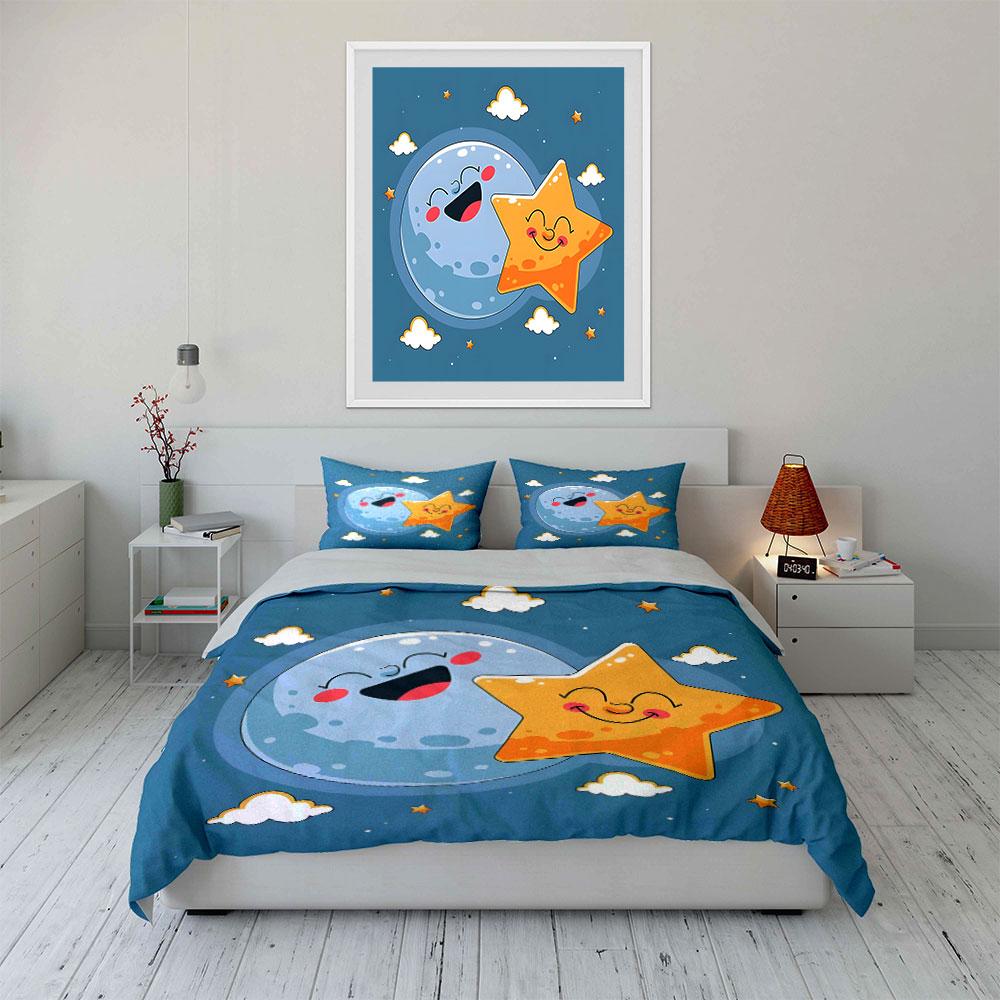 Moon and Star Cartoon Bedding Set Bedding Duvet Cover Set Duvet Cover Pillowcases (1 * Duvet Cover 2 * Pillowcases, Without Duvet Insert)