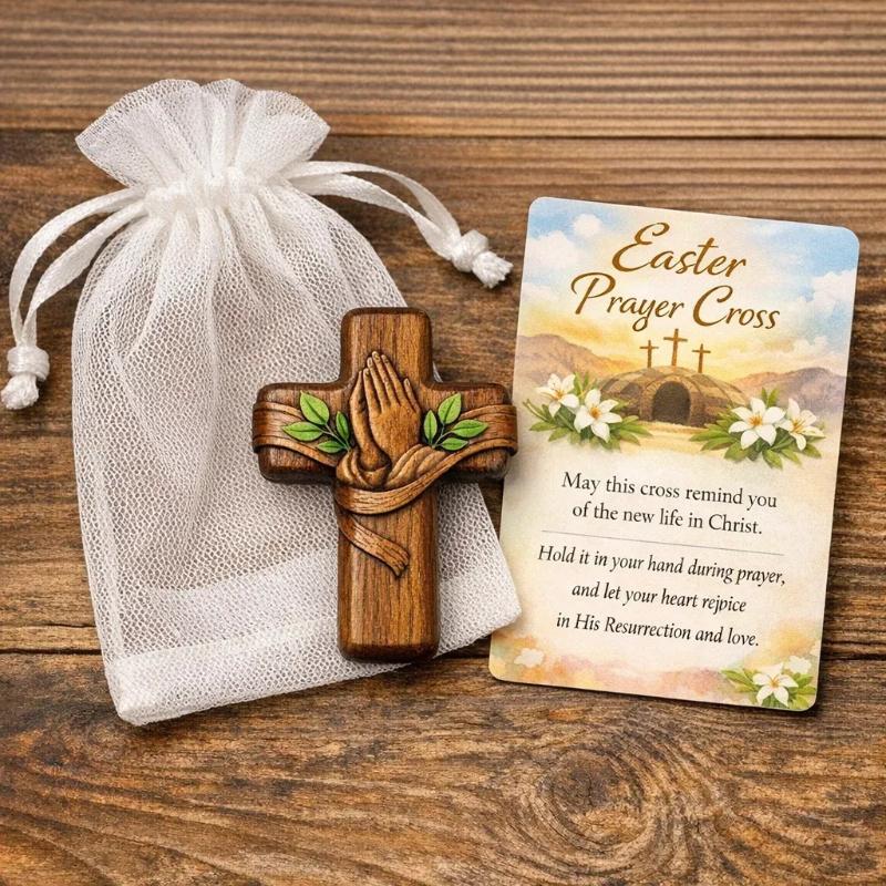 Small Pocket Prayer Cross With Card, Portable Wooden Prayer Cross Pocket Card With Bag For Easter Christmas Token, Church Favors
