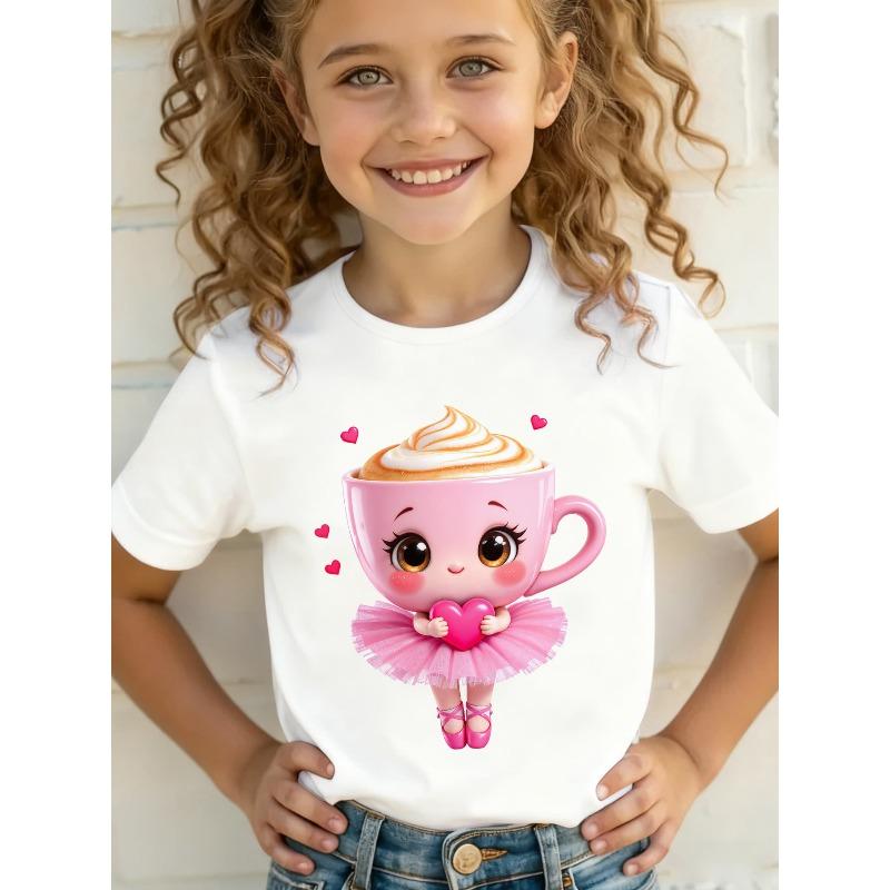 European sizes Summer Fashion Short Sleeve T-Shirt for Girls Featuring a Cartoon Print of a ‘Cappuccino Ballerina Holding a Heart 110 белый