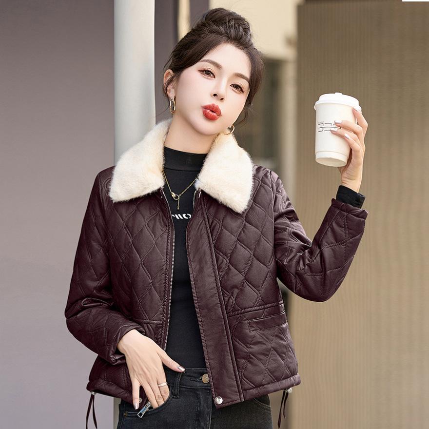 Fleece thickened leather jacket short women's clothing winter new small men wear leather cotton-padded jacket