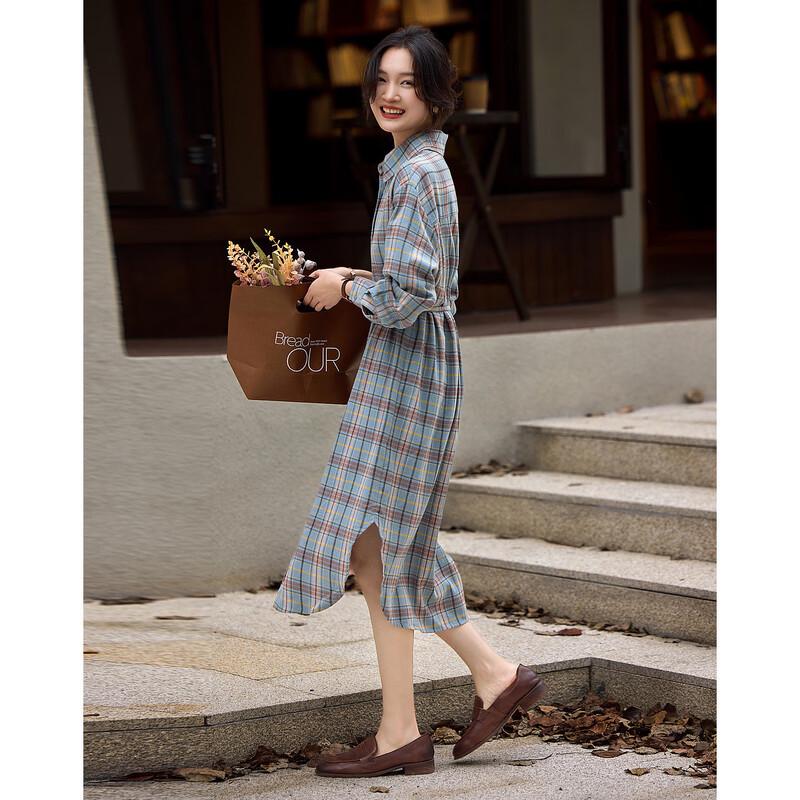 

Demana Women s 100% Cotton Plaid Long Sleeve Midi Dress XL