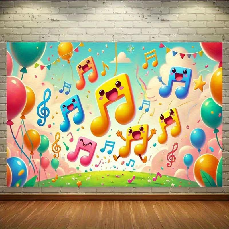 2D Cartoon Music Note Backdrop Colorful Balloon Birthday Party Background