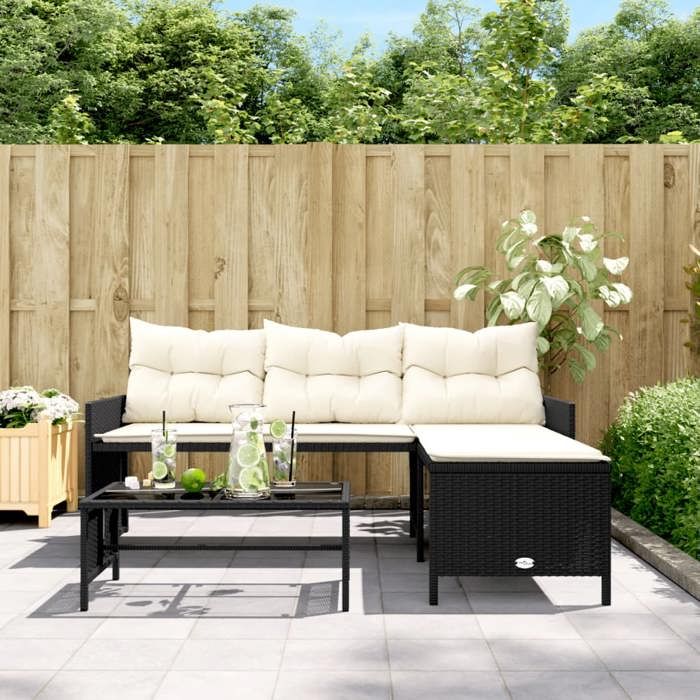 VidaXL Garden Sofa with Table and L-Shaped Cushions, Patio Seating, Outdoor Balco Terrace Furniture, Black 365571