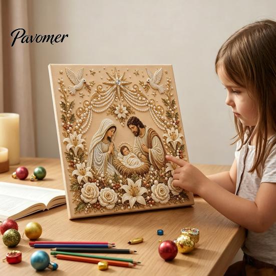 DIY Christmas Gift Ideas Faux Pearl Art Kit, Church Painting Jesus Kit Holy Family Wall Decor Craft for Adults, Handmade Holiday Textured