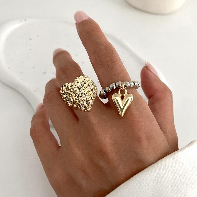 Ins Jednoduchý prsten na prst se srdíčkem Prsten s korálkovým řetízkem s přívěskem srdce pro ženy Osobnostní kovové prsteny Dámské šperky