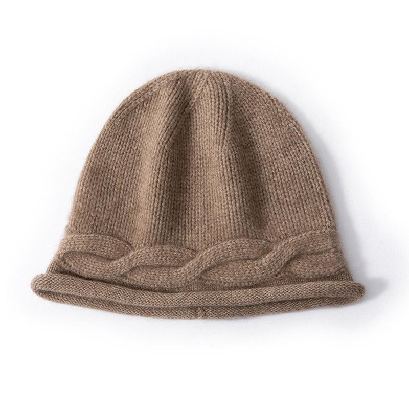 Pure Cashmere Autumn and Winter New Style Women's Cable Rolled Edge Thickened Ear Protection Warm Toe Cap Knitted Hat