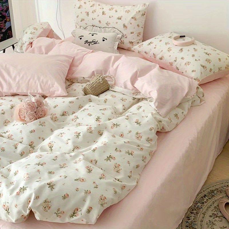 Aesthetic Powder Pink Spring/Summer Washable Cotton Bedding Set - Dorm-Friendly Duvet Cover and Sheets