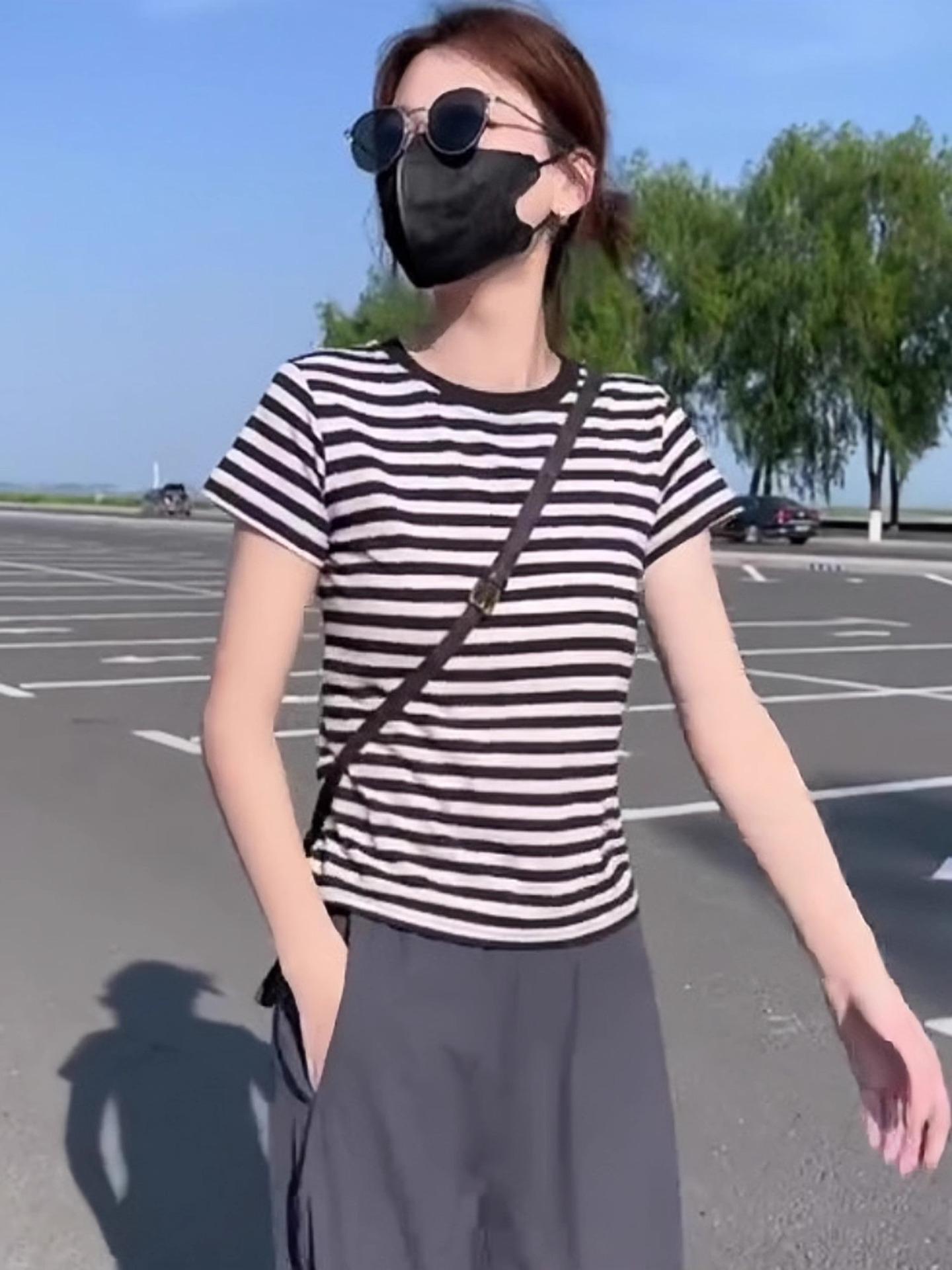 

Hong Kong Style Chic Striped Cotton Slimming Tee - Women s Versatile Summer Short-Sleeve Top 2XL чёрный