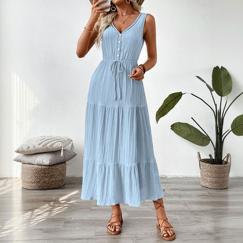 

Simple and Versatile Lace-up Sleeve V-neck Solid Women clothes Summer Dress Summer Dress Light Blue L