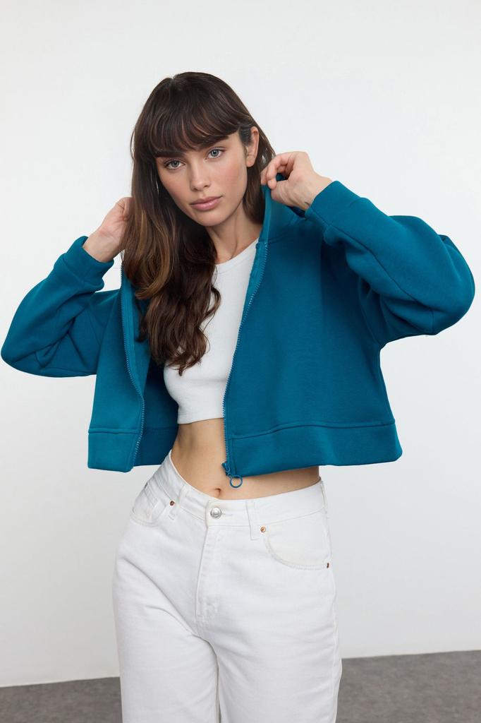 Women's Fashionable Stylish Sweatshirt Black Basic Zippered Hooded Crop Thick Inside Fleece Knitted Sweatshirt