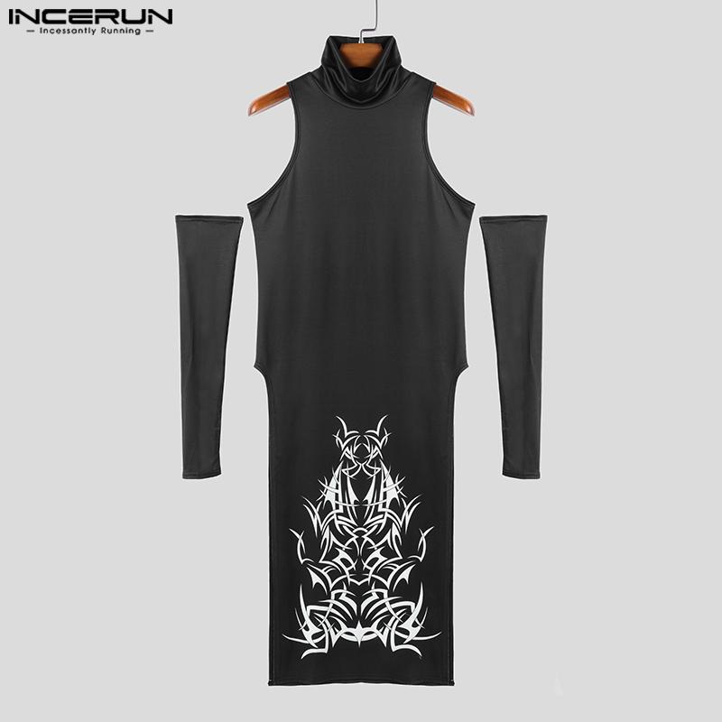INCERUN Men Summer Oversleeve High Neck Sleeveless Splits Long Tank Tops