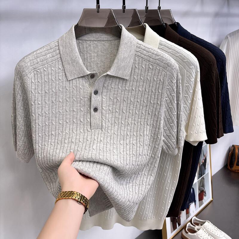JOW Men's Tencel Linen Knit Jacquard Polo Shirt
