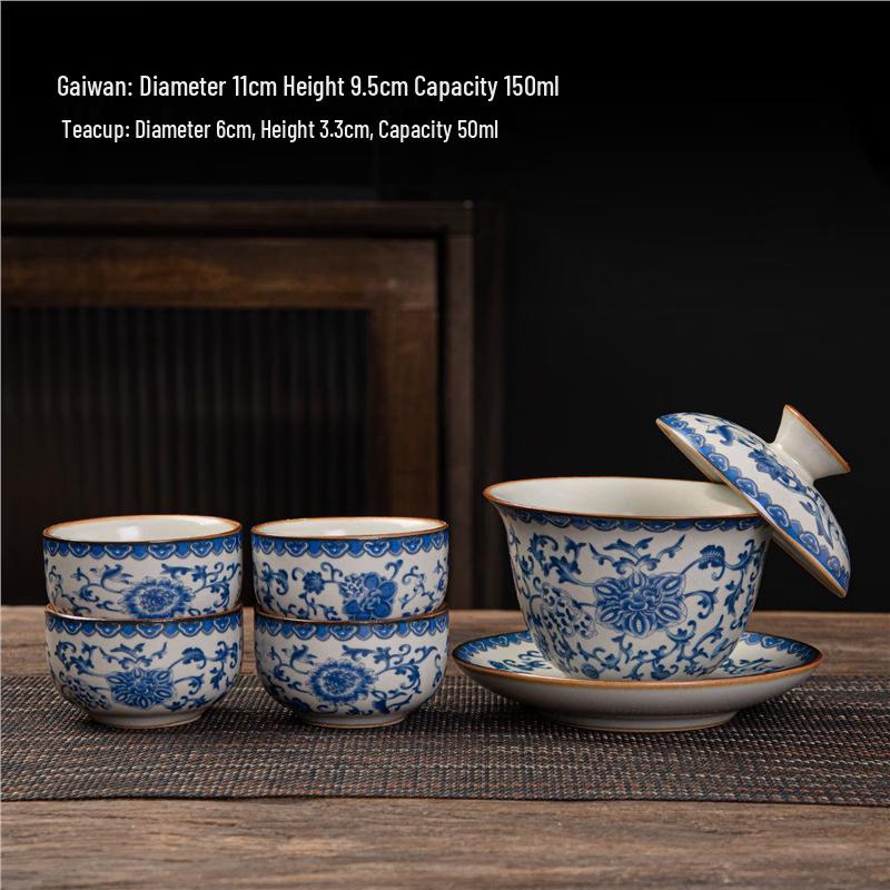Ru Kiln Floral Gaiwan Tea Set with 4 Cups